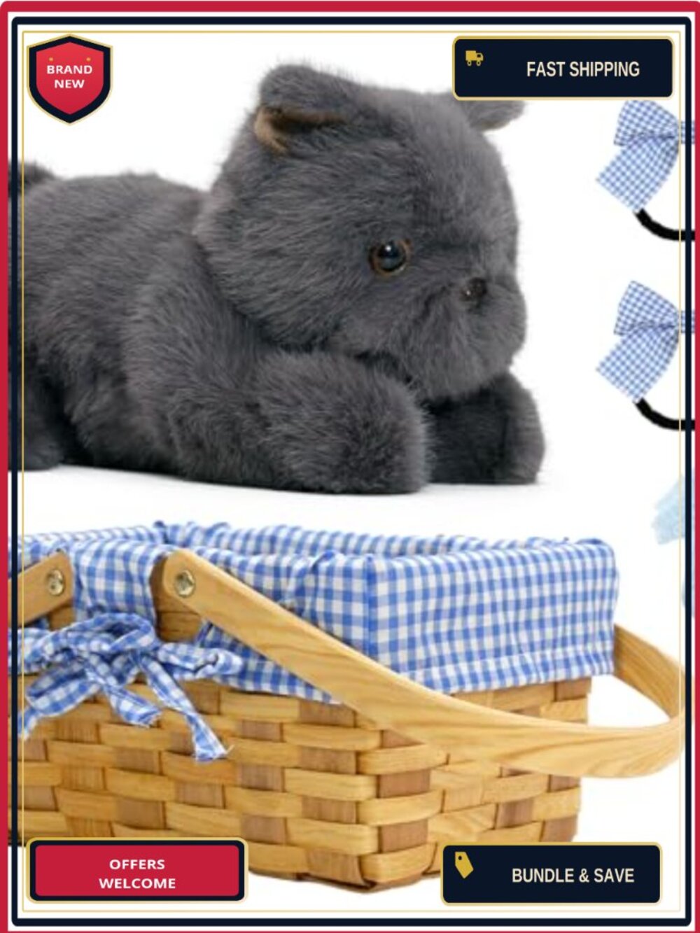 5pc Dog Basket Set Terrier Stuffed Animal Wicker Picnic Basket Socks Hair Bow